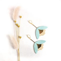 Ginkgo Flower Earrings - Cyan blue and beige leather drop earrings with a floral design featuring gold accents.