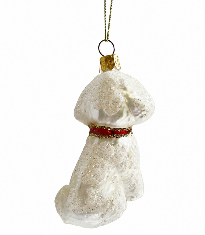 Glazen luxe kerstbal, ornament wit hondje made in Poland
