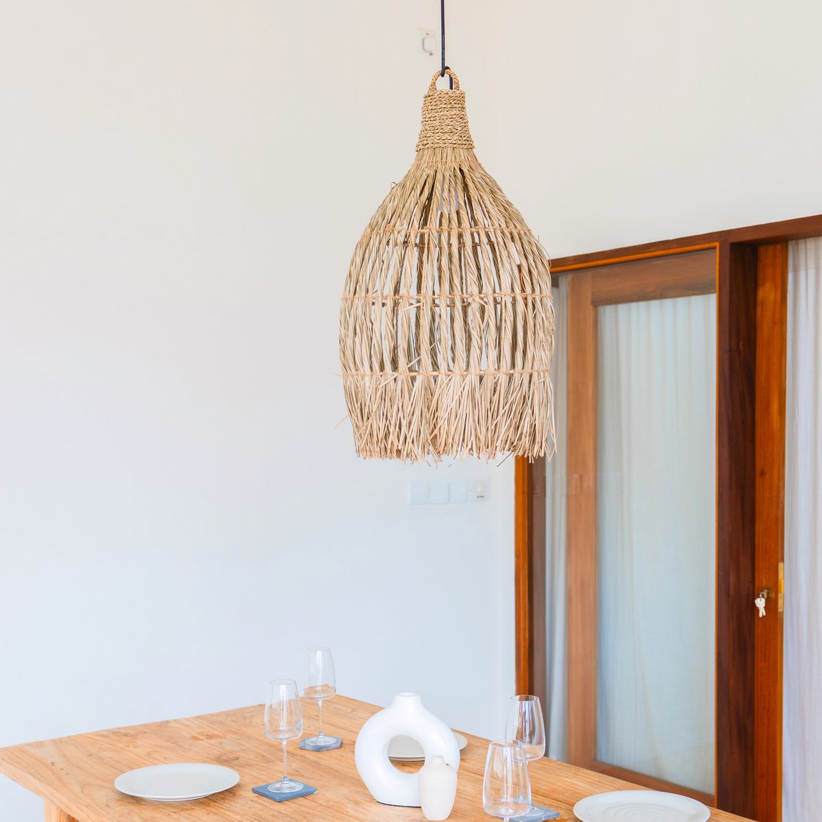 Deckenleuchte aus Seegras – Boho-Lampenschirm-Pendelleuchte – natürliche Hängelampe – großer trichterförmiger Lampenschirm aus Seegras LAMPUNG (Ø 40 cm)