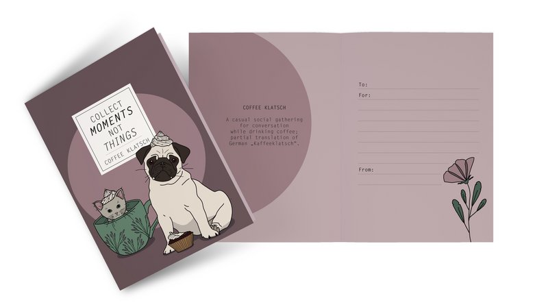 Carte pliante Collect Moments not Things Coffee Gossip, Carlin et Chat
