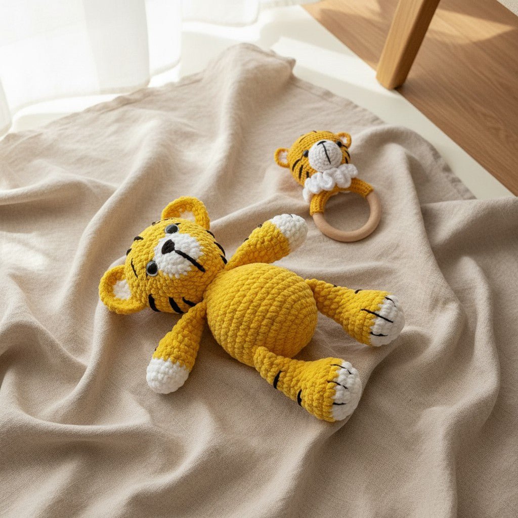 Nuvinokids® Handmade Tiger Cuddly Toy and Teething Set of 100% Cotton