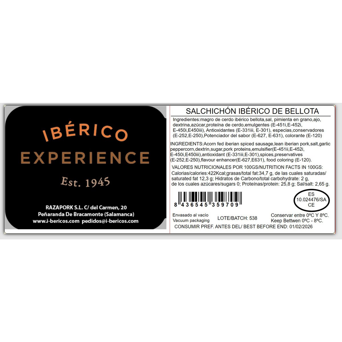 Iberian Acorn Sausage 1.1-1.3 kg