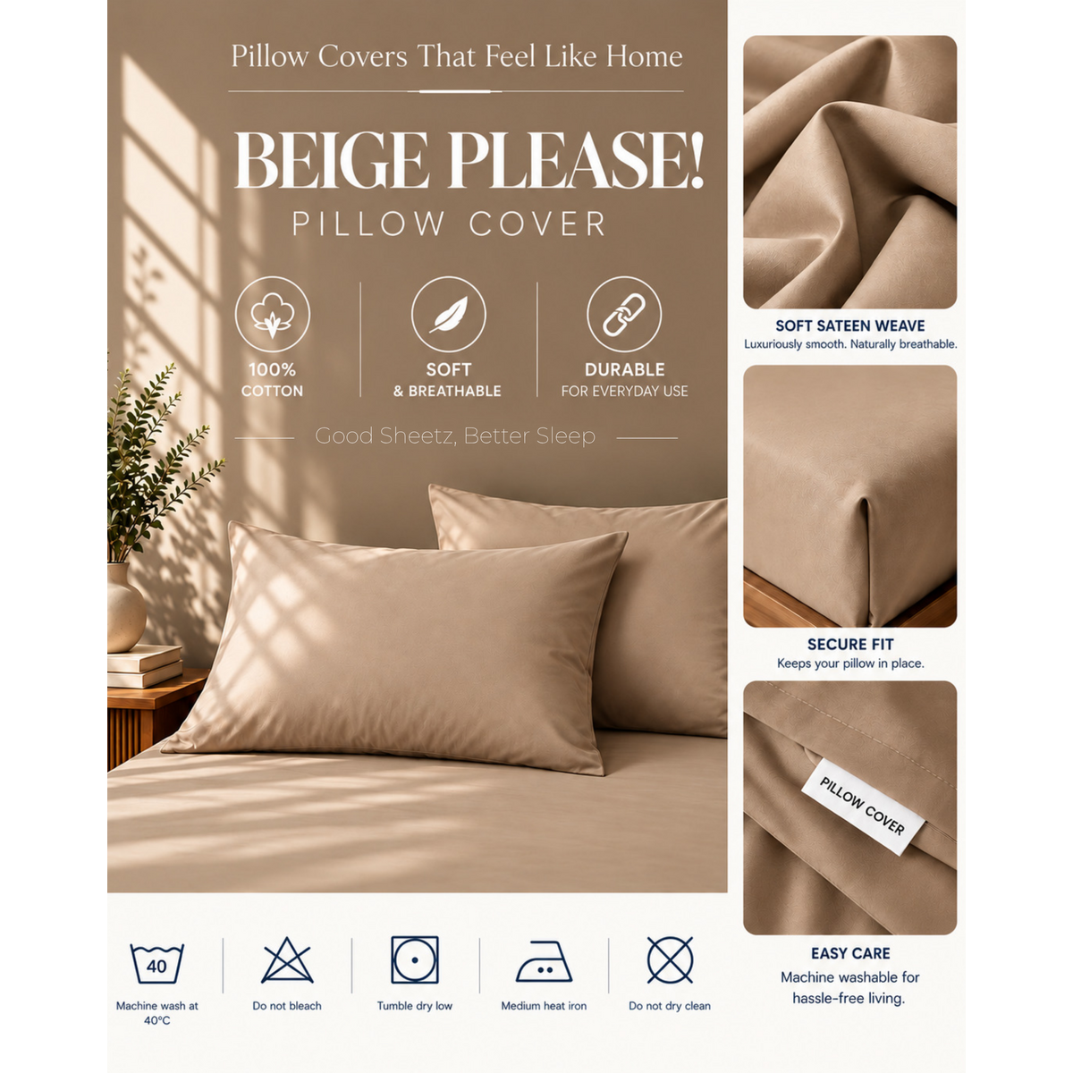 Housse de coussin - Satin de coton 400 fils au pouce - Beige S'il vous plaît !