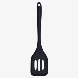 Black silicone spatula with a long handle for cooking and baking.