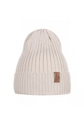 A cozy, cream-colored beanie made of 100% cotton, perfect for keeping a young girl warm during the summer. The beanie features a ribbed knit design and a small leather patch, indicating it was made in Poland.