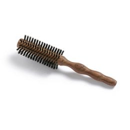 A round blow drying brush with a medium diameter and a wooden handle. The brush has natural boar bristles for styling and smoothing hair.
