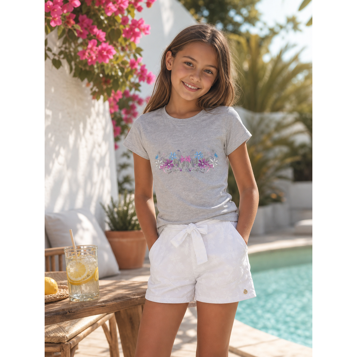 Girls Short "Snow White" (Cotton Broderie with 3D Flower)
