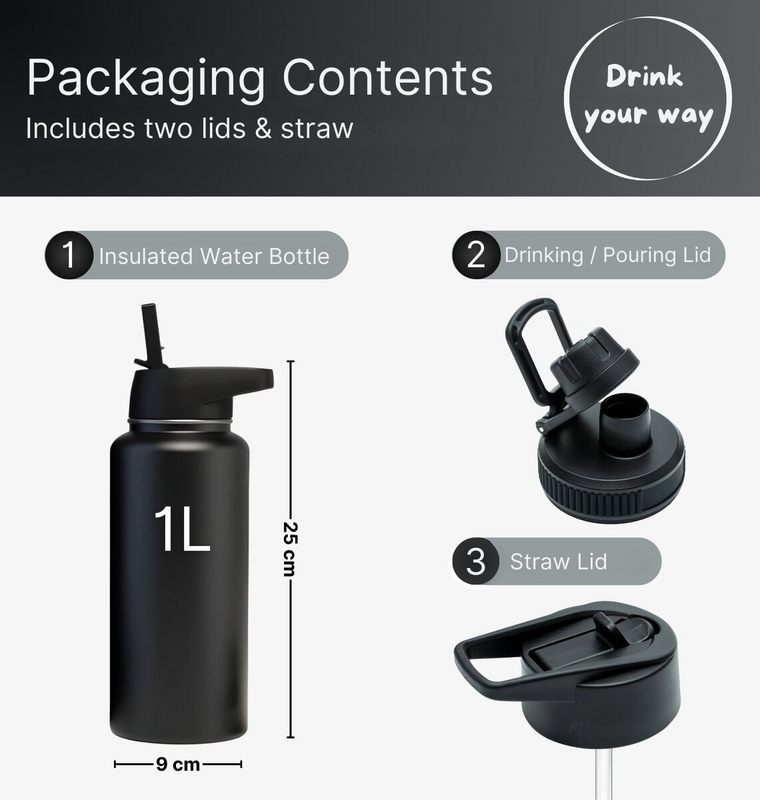 Bouteille d'eau en acier inoxydable - 1 litre - Avec paille - Noir