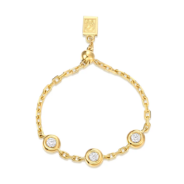 18 carat gold single stone chain ring with bezel-set diamonds. Delicate and elegant design suitable for stacking or wearing alone.