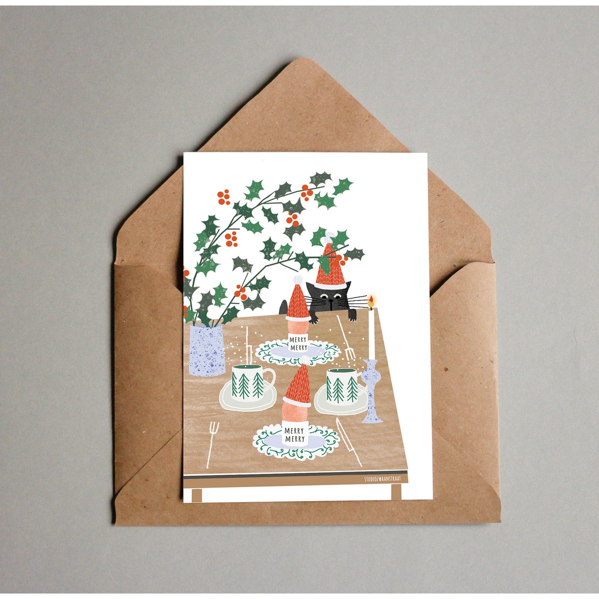 Postkarte 'Weihnachtsfrühstück (mit Katze)'