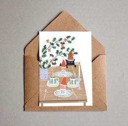 Postkarte 'Weihnachtsfrühstück (mit Katze)'