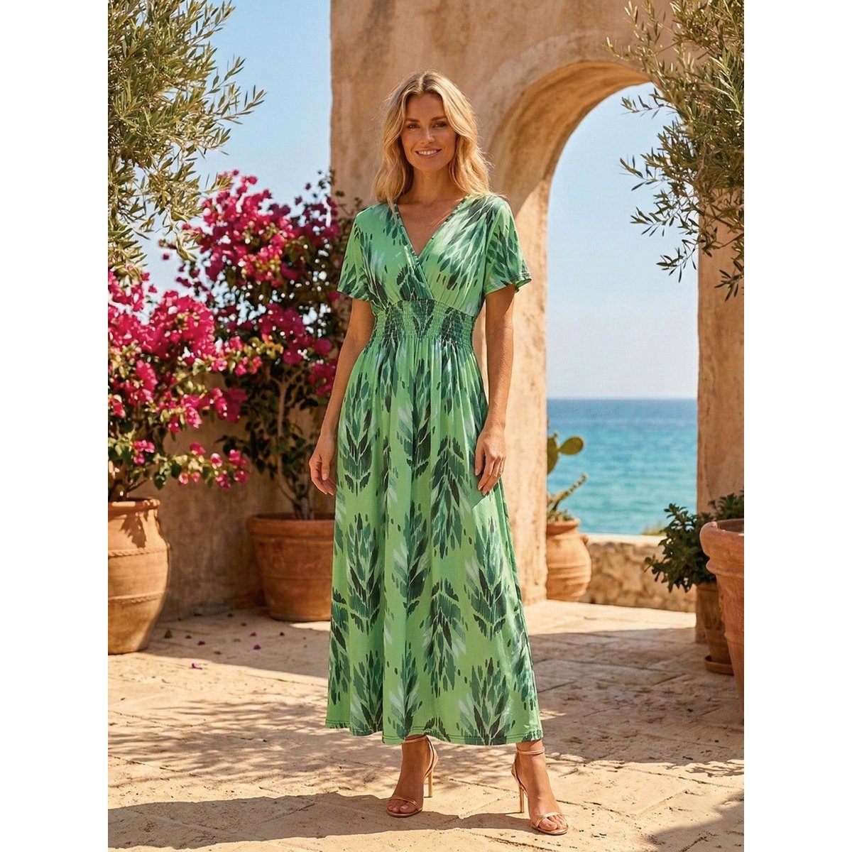 „Letnia” sukienka maxi – artystyczny nadruk Ikat i marszczenie w talii – 610-8