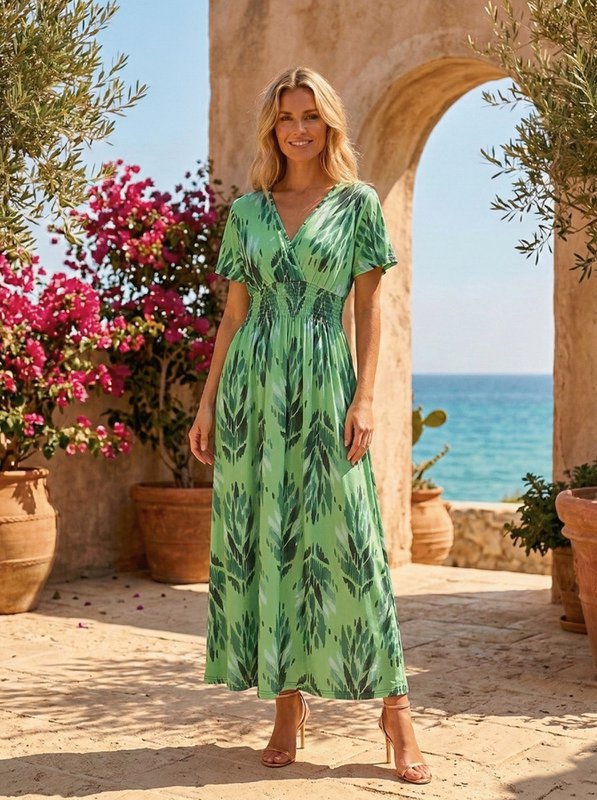 "Sommer" Maxi-kjole – kunstnerisk Ikat-print og smocked Empire-talje – 610-8