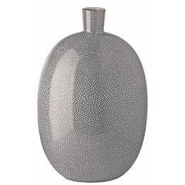 Gray textured ceramic vase, round bulbous shape, modern minimalist design, decorative home accent.
