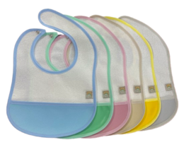  Pack of 6 waterproof bibs with pockets, available in various colors including white, green, pink, and yellow.