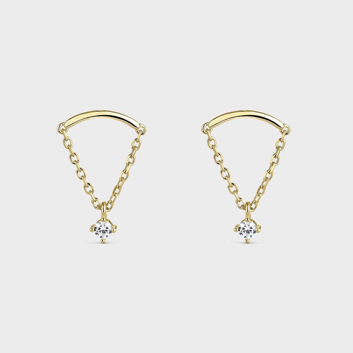 Yellow gold-plated silver earrings with curved bar motif with link chain and white zirconia pendant