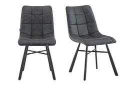 Set of 2 anthracite gray dining chairs with tufted upholstery and black metal legs.