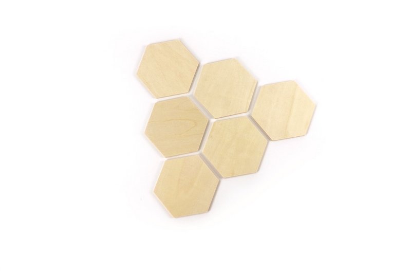 SET OF 6  WOODEN HEXAGONAL SHAPES 99x86x4mm