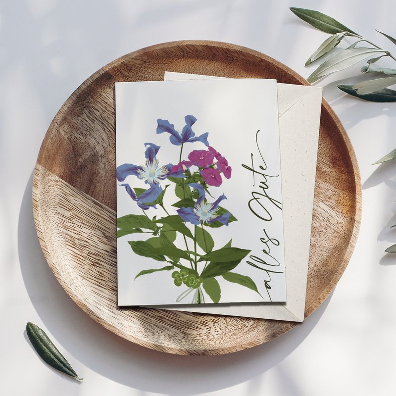 Vouwkaart 'all the best' met paarse bloemen, inclusief envelop