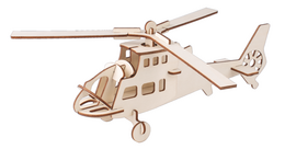Wooden helicopter construction kit, arts and crafts, includes wooden pieces to assemble a helicopter model.