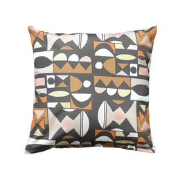Outdoor cushion with a geometric pattern in shades of gray, orange, and pink. The pattern features a mix of shapes including circles, triangles, and abstract designs, creating a modern and stylish look. This cushion would be suitable for outdoor furniture such as patio chairs or benches.