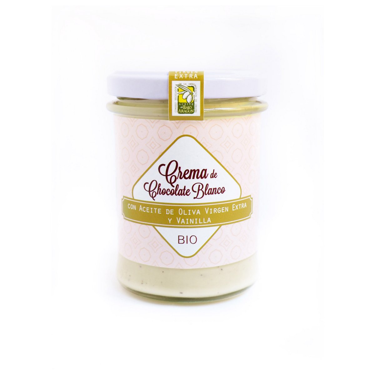 CREMA BIO til mad: Chokolade Blanco med Aceite de Oliva Virgen Extra og Vainilla (caja de 9 unidades à 200g)