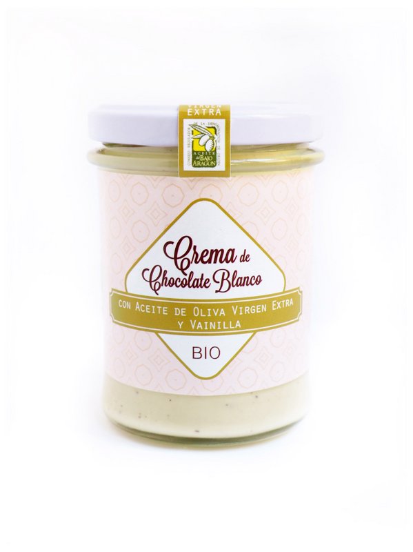 CREMA BIO til mad: Chokolade Blanco med Aceite de Oliva Virgen Extra og Vainilla (caja de 9 unidades à 200g)