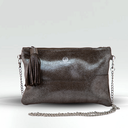 Gray leather clutch bag with tassel detail and chain strap.