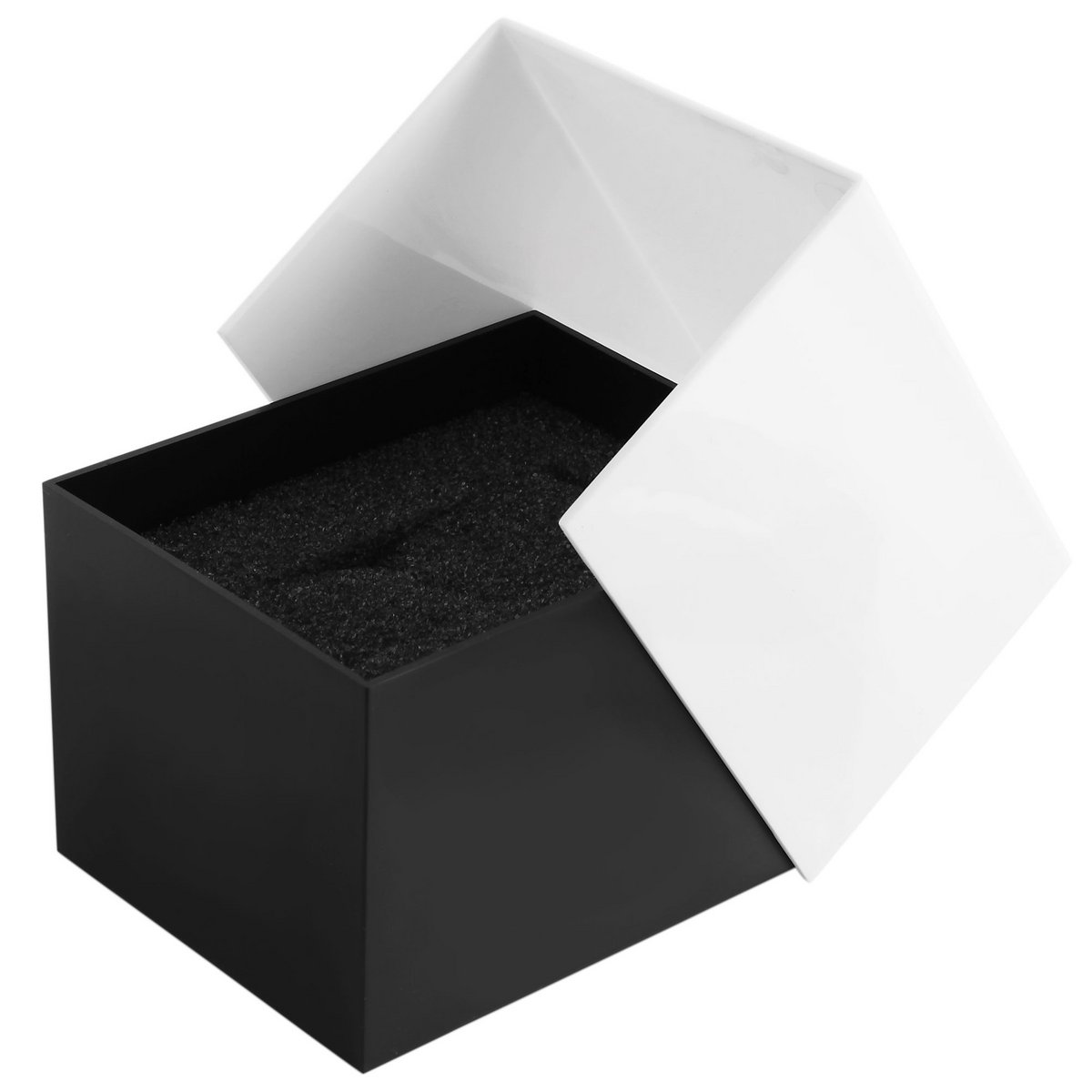 Plastic watch box, black/white, hinged lid, pack of 12, 9.9 cm x 8.1 cm x 6.8 cm