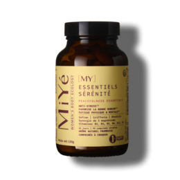 Serenity Essentials supplement bottle with black cap and label featuring the product name "My Serenity Essentials". The bottle is surrounded by red saffron threads.