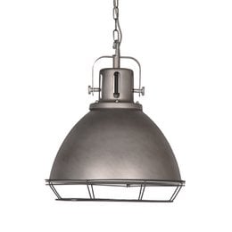 Burned steel pendant lamp, industrial dome shape, hanging light fixture, metallic gray finish, modern design