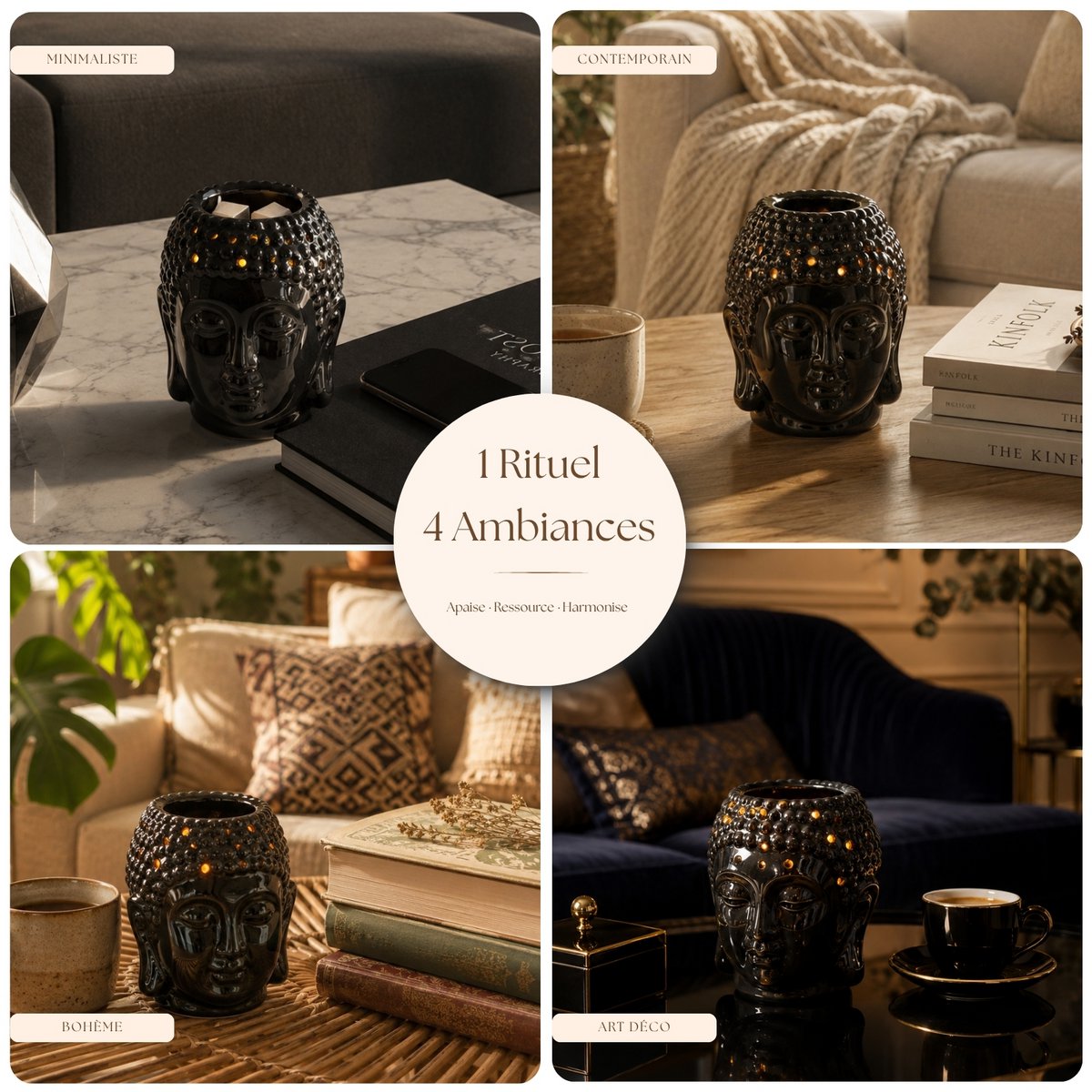Zwarte Boeddha Dhyana keramische parfumbrander - geurende sfeer - Zen handwerkobject - eenvoudige aromatherapie - geurende fondantbrander - FengShui decoratie - Boeddha hoofd