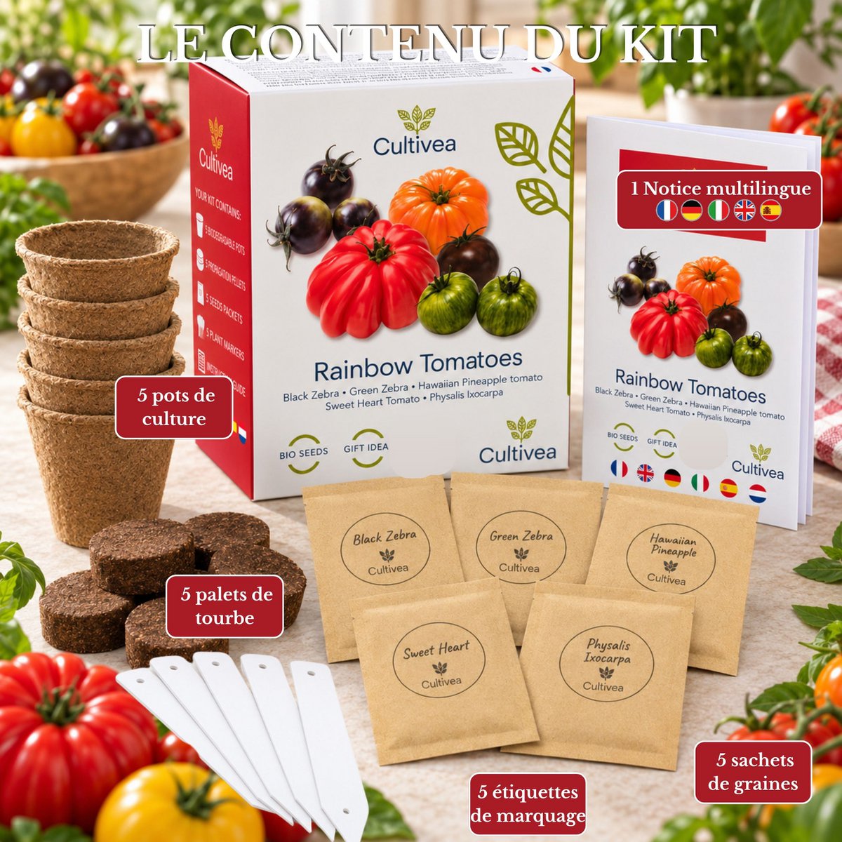 CULTIVEA® Organic* Tomatensamen-Set zum Pflanzen – 5 alte und farbenfrohe Sorten – Ochsenherztomate, Ananastomate, Grünes Zebra, Schwarzes Zebra, Physalis – Komplettes Tomatensetzlingsset mit Töpfen, Pastillen und Anleitung