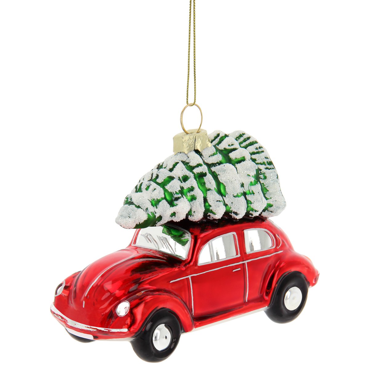 Volkswagen VW Beetle Glasdekoration/Weihnachtsschmuck in Geschenkbox – Rot mit Baum