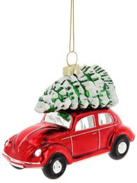Volkswagen VW Beetle Glasdekoration/Weihnachtsschmuck in Geschenkbox – Rot mit Baum