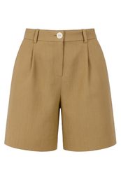 Beige jacquard shorts, high-waisted, pleated front, knee-length, classic tailored style women's shorts.