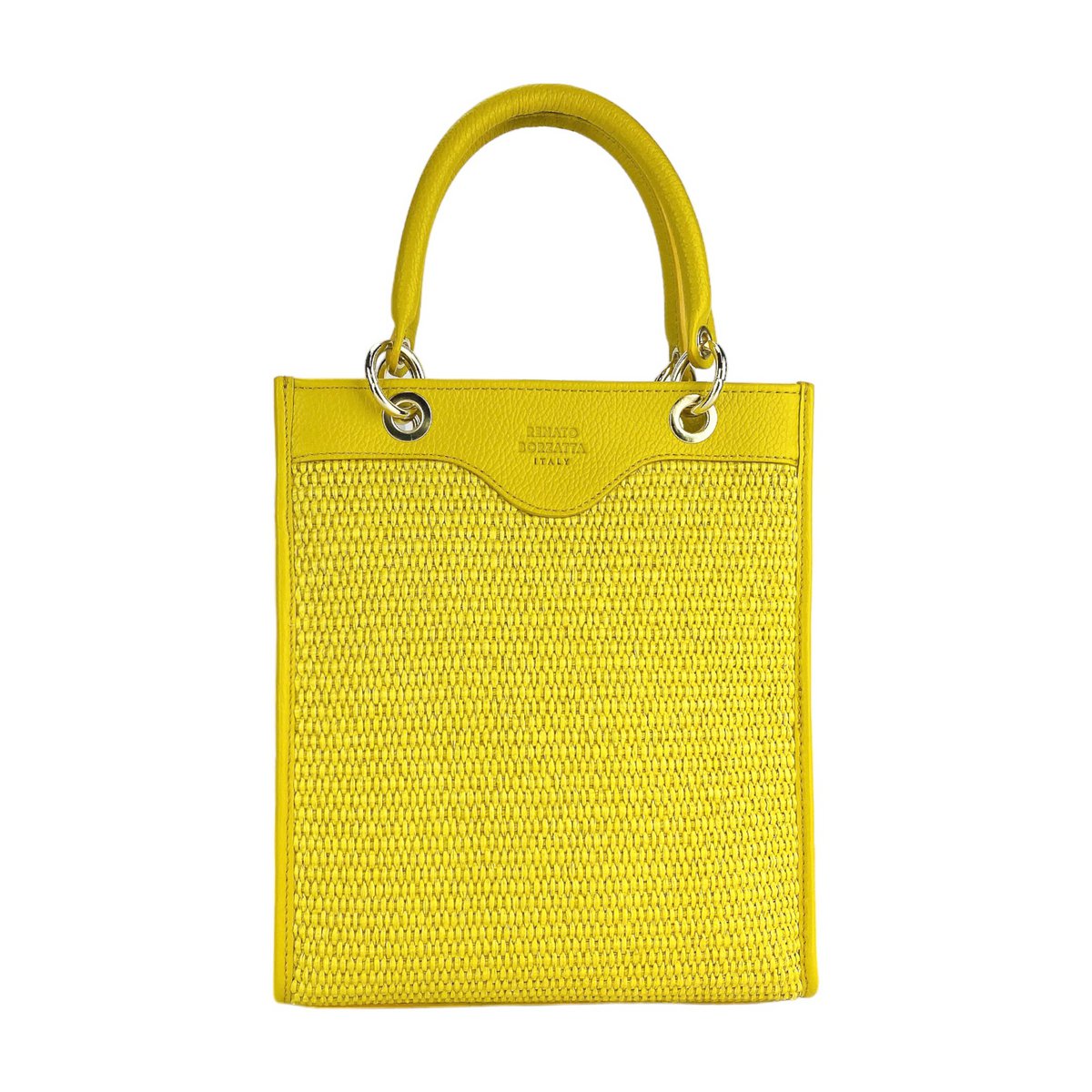 RB1026R | Verticale dameshandtas van echt leer en stro, gemaakt in Italië. Afneembare en verstelbare lederen schouderband. Accessoires van gepolijst goud - gele kleur - afmetingen: 24 x 29 x 9 cm