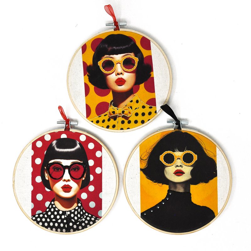 Vintage Pop Glam – Embroidered Portrait Wall Art Set 15cm (3 pieces)