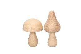 Two wooden mushroom-shaped decorative objects, one larger and one smaller. The objects have a natural, organic appearance with a light wood grain texture.