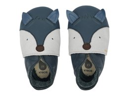 Soft Sole Foxy Navy baby shoes in sizes L, M, S. Navy blue and gray fox design with soft soles for comfort.