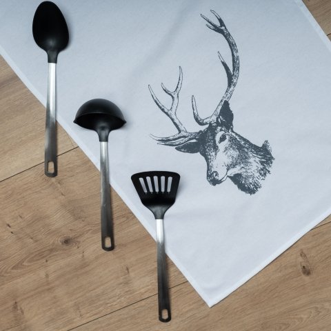 White tea towel, DEER, dark gray