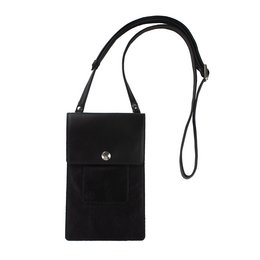 Black cross-body phone bag with adjustable strap and small pocket.