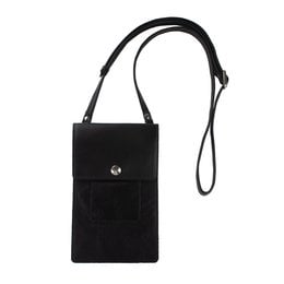 Black cross-body phone bag with adjustable strap and small pocket.