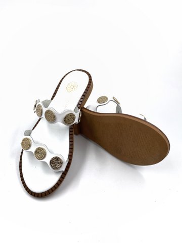 Leren sandalen met gouden munten voor dames, Griekse sandalen van echt leer, oude Griekse damessandalen wit met gouden oude munten