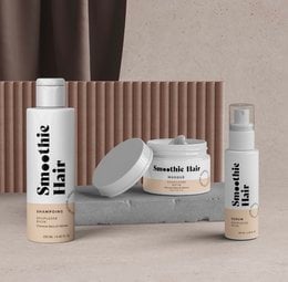 Castor oil suppleness maintenance kit, a shampoo product featuring a bottle, jar, and spray bottle with a smooth, minimalist design in neutral tones.