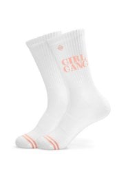 White socks with "Girl Gang" text and pink accents. Ribbed design.