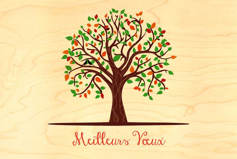 CARTE DE VOEUX VOEUX ARBRE VERT ROUGE MARRON