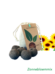 A bag of 5 seed bombs containing a sunflower mix. The seed bombs are made of compressed soil and seeds, packaged in a natural burlap bag. This eco-friendly product allows for easy planting of wildflowers.