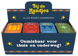  "Bij de Handjes card game, colorful boxes, Dutch text, seasonal decoration, family game"