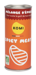 Spicy meat seasoning blend in a tin container. Contains a variety of spices and herbs in an orange-red color.